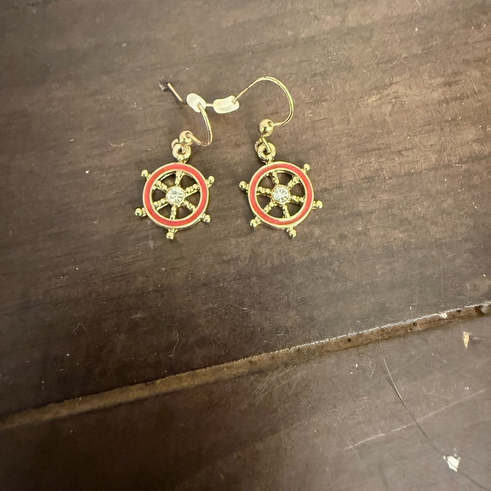 Gold and Red Nautical Wheel Earrings